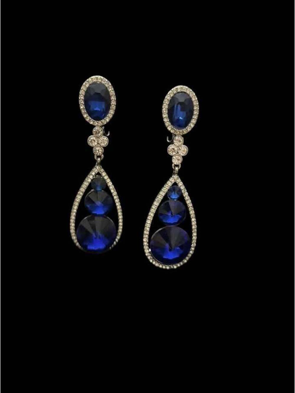 Blue Teardrop Dangle Clip On Earrings